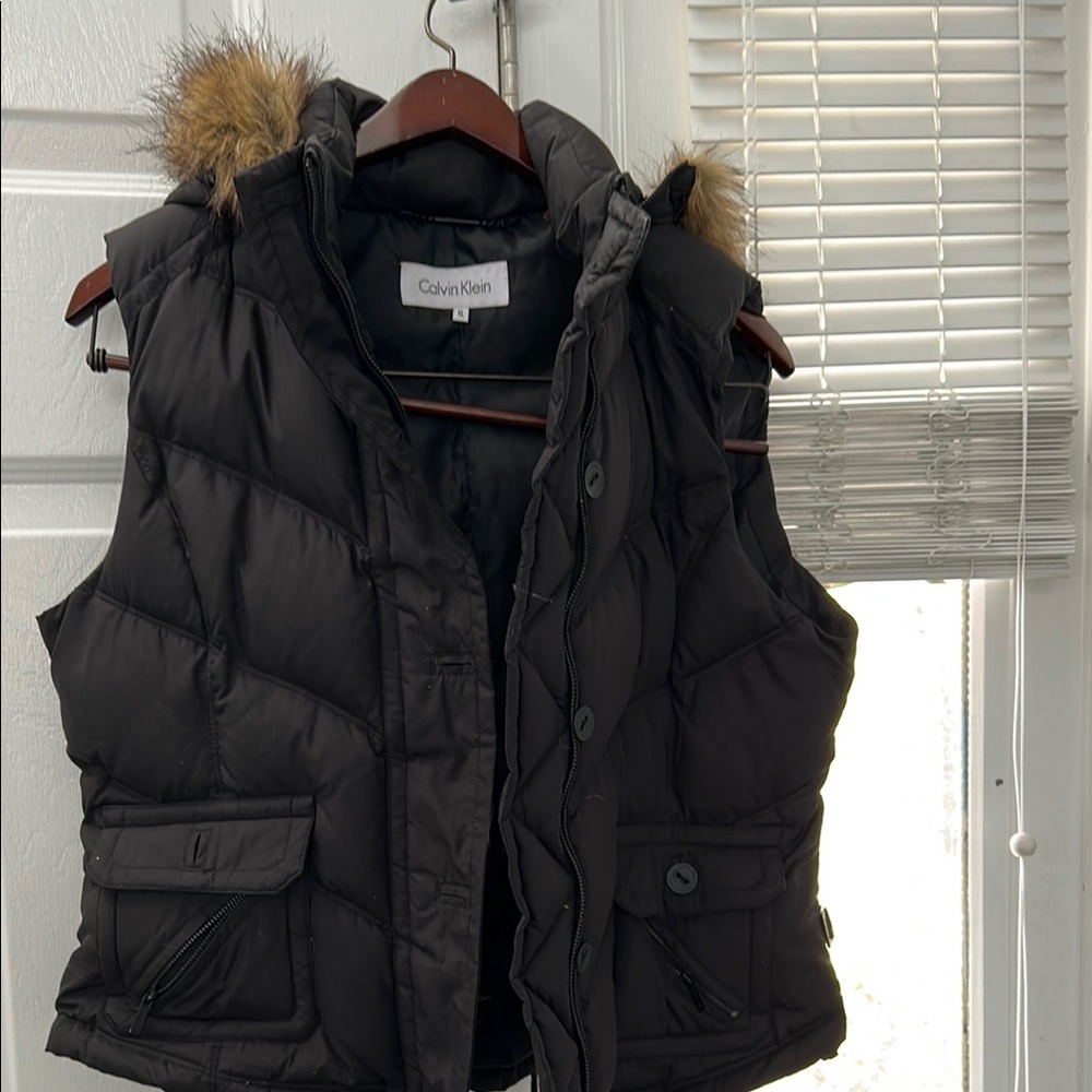 Calvin Klein Black Puffer Vest with Faux Fur Hood